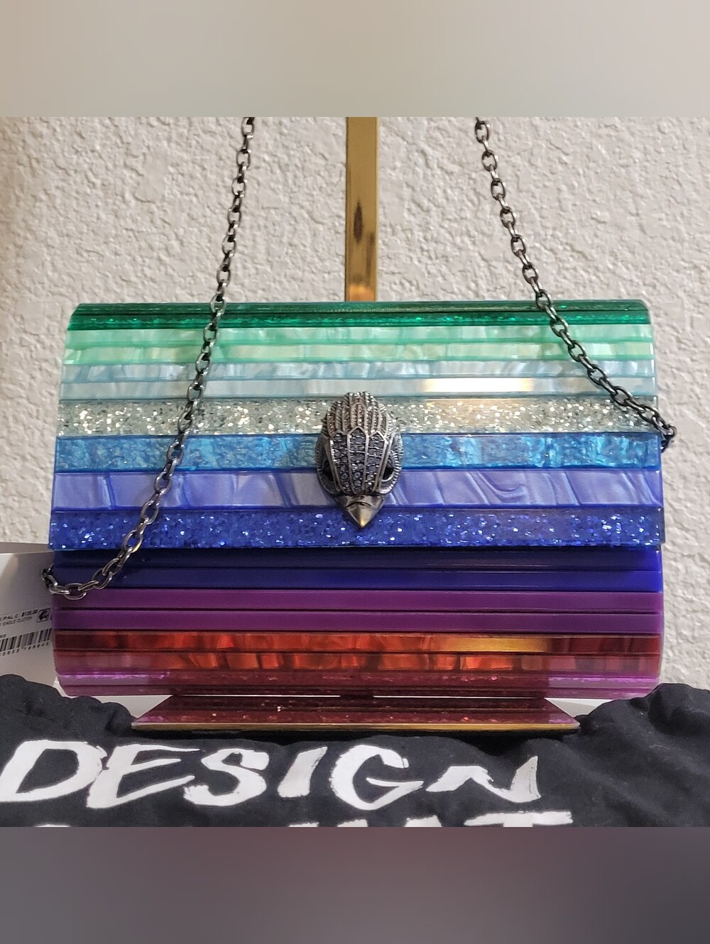 NWT Kurt Geiger Multicolor Striped Party Eagle Blue Clutch Crossbody
